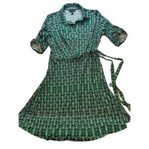 Stella & Julie Wrap Dress Green/Black Roll tab sleeve, size 14w Boho Chic